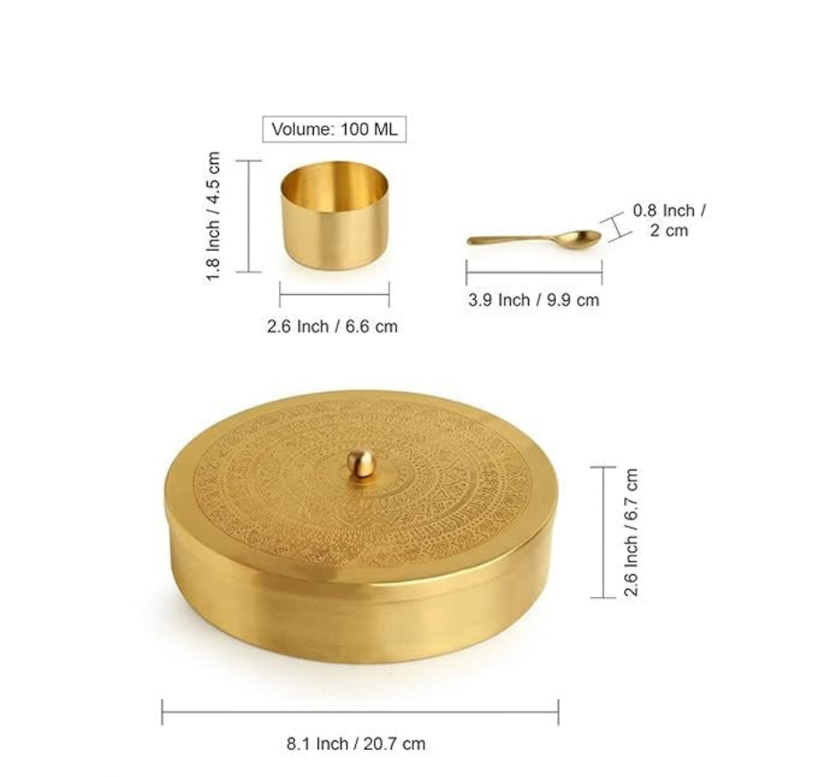 DRR Teleservices Floral Brass Spice Box with Spoon, 7 Detachable Containers (100 g Each), Gold Finish