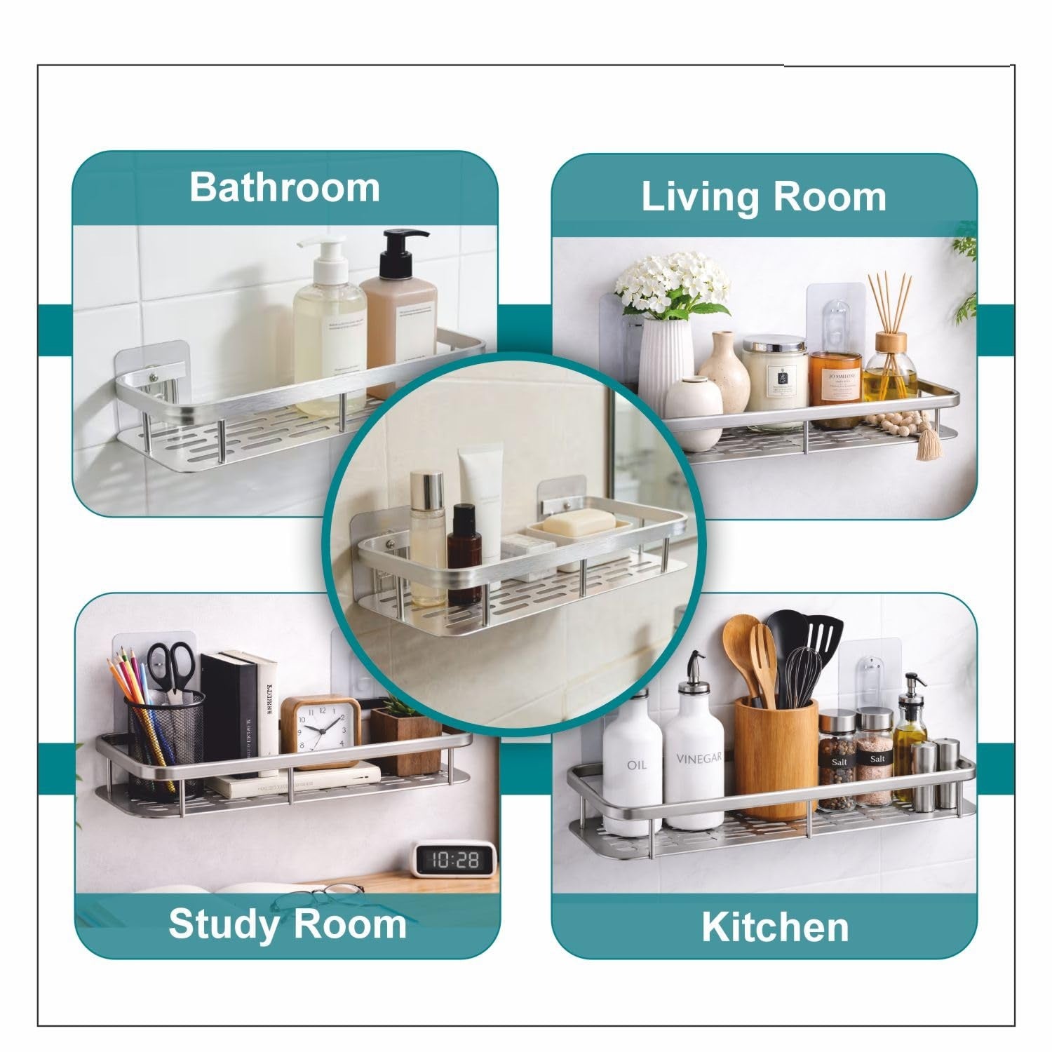 DRR Teleservices 2 PCS Aluminum Wall Mounted Bathroom Organiser, Floating Shelf for Wall for Bathroom Cabinet Multifunctional Large Capacity Bathroom Rack, Bathroom Shelf for Wall - Silver - DRR Teleservices