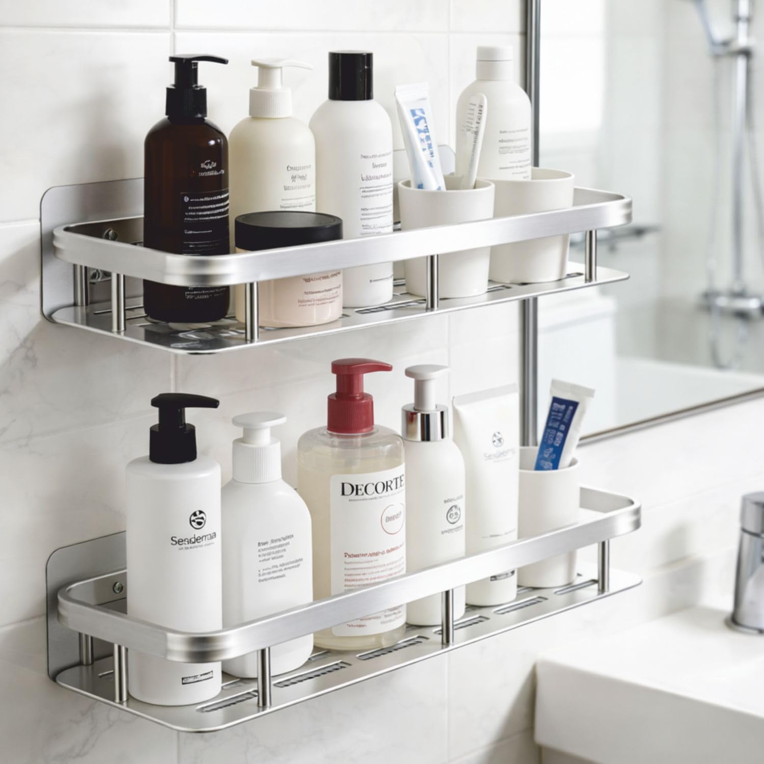 DRR Teleservices 2 PCS Aluminum Wall Mounted Bathroom Organiser, Floating Shelf for Wall for Bathroom Cabinet Multifunctional Large Capacity Bathroom Rack, Bathroom Shelf for Wall - Silver - DRR Teleservices