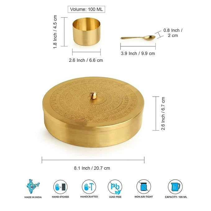 DRR Teleservices 'Floral' Brass Spice Box for Kitchen with Spoon (7 Detachable Containers, Each Container : 100 gram, Gold) - DRR Teleservices