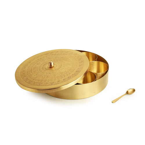 DRR Teleservices 'Floral' Brass Spice Box for Kitchen with Spoon (7 Detachable Containers, Each Container : 100 gram, Gold) - DRR Teleservices