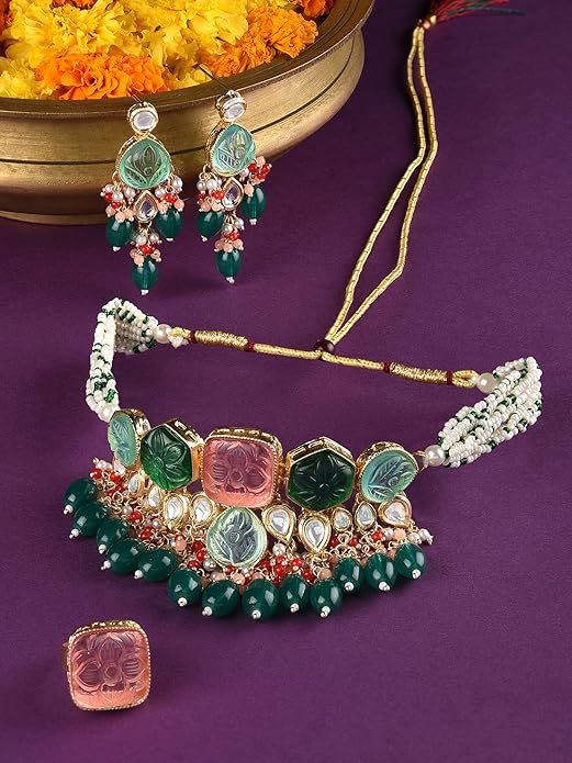 DRR Teleservices Multicolor Stones & Beads Multistrand Beaded Kundan Choker Necklace Earring & Ring Set For Women