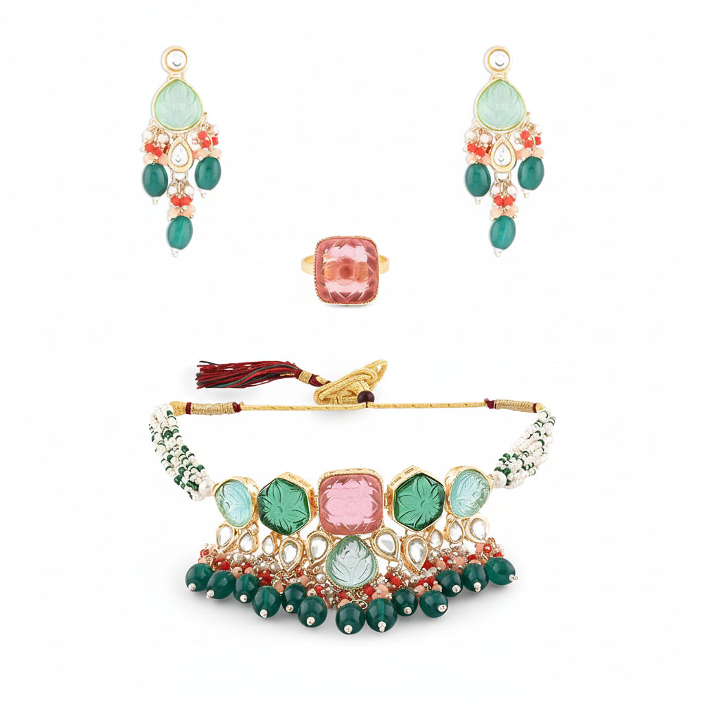 DRR Teleservices Multicolor Stones & Beads Multistrand Beaded Kundan Choker Necklace Earring & Ring Set For Women