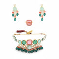 DRR Teleservices Multicolor Stones & Beads Multistrand Beaded Kundan Choker Necklace Earring & Ring Set For Women