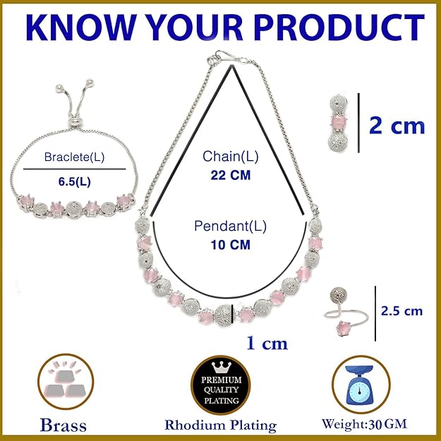 DRR Teleservices Rhodium-Plated Silver Toned American Diamond studded Necklace, Earrings, Bracelet & Ring Jewellery Set for Girls and Women