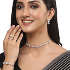 DRR Teleservices Rhodium-Plated Silver Toned American Diamond studded Necklace, Earrings, Bracelet & Ring Jewellery Set for Girls and Women