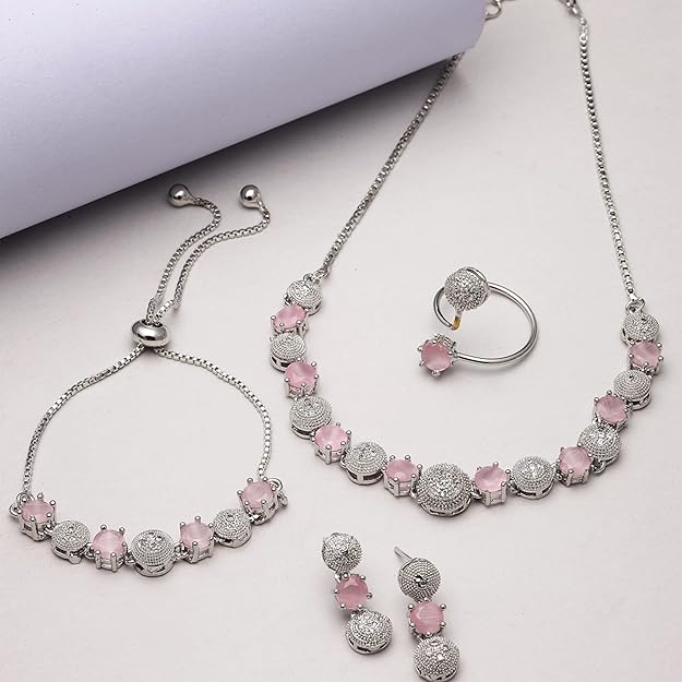 DRR Teleservices Rhodium-Plated Silver Toned American Diamond studded Necklace, Earrings, Bracelet & Ring Jewellery Set for Girls and Women