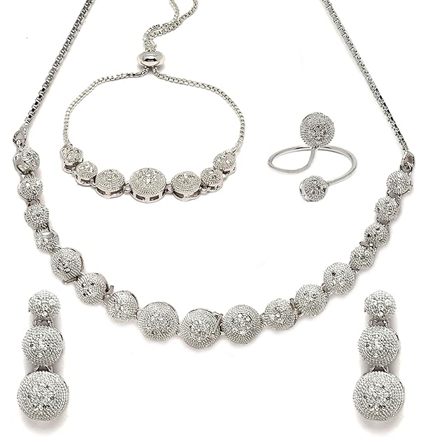 DRR Teleservices Rhodium-Plated Silver Toned American Diamond studded Necklace, Earrings, Bracelet & Ring Jewellery Set for Girls and Women