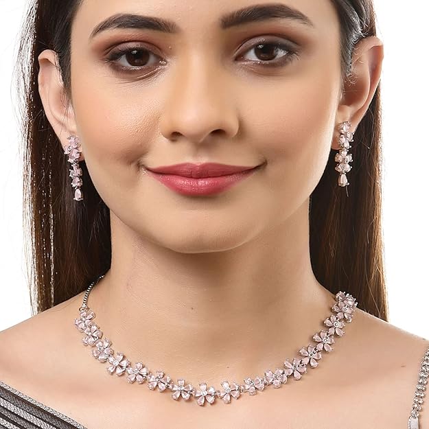 DRR Teleservices Rhodium Plated Silver Toned White American Diamond Studded Flower Shaped Jewellery Set For Girls and Women
