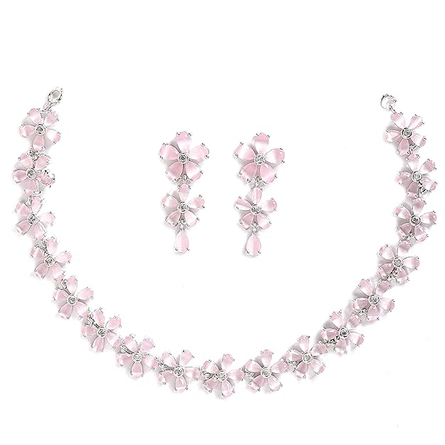 DRR Teleservices Rhodium Plated Silver Toned White American Diamond Studded Flower Shaped Jewellery Set For Girls and Women