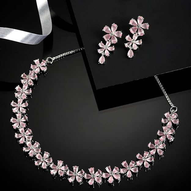 DRR Teleservices Rhodium Plated Silver Toned White American Diamond Studded Flower Shaped Jewellery Set For Girls and Women