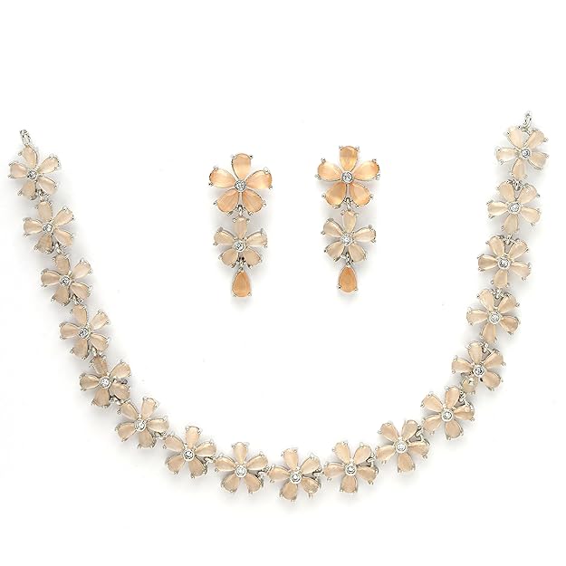 DRR Teleservices Rhodium Plated Silver Toned White American Diamond Studded Flower Shaped Jewellery Set For Girls and Women