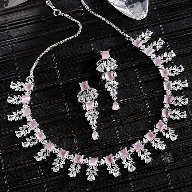 DRR Teleservices Women Plated Leaf Shaped American Diamond Studded Jewellery Set