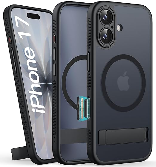 DRR Teleservices for iPhone 17 Cover with Stand & Camera Control, Compatible with Magsafe, Full-Cover Lens Protection -Black - DRR Teleservices
