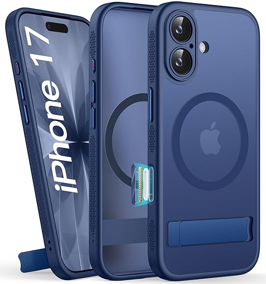 DRR Teleservices for iPhone 17 Cover with Stand & Camera Control, Compatible with Magsafe, Full-Cover Lens Protection -Blue - DRR Teleservices